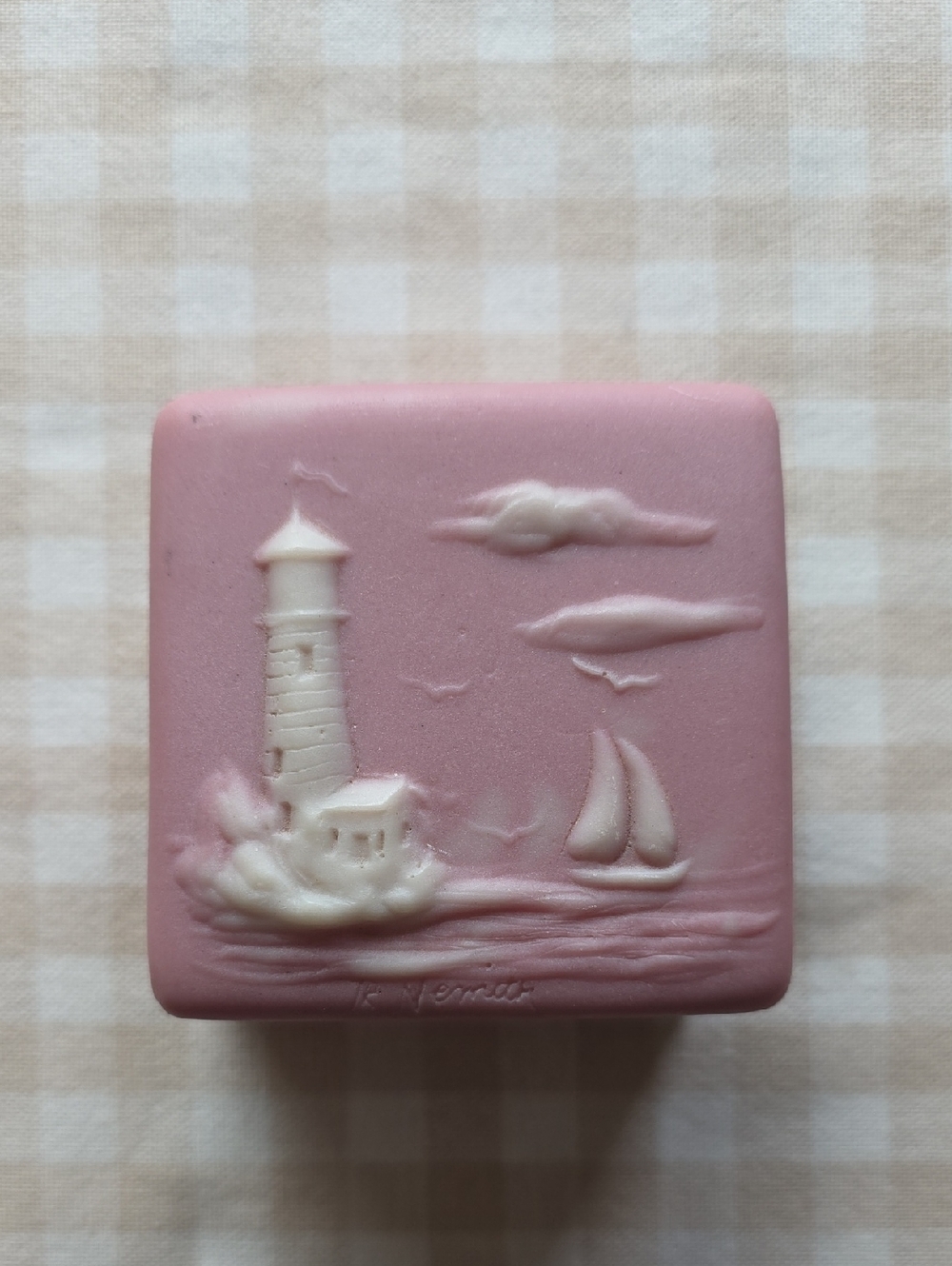 Vintage Nemith Pink Nautical Incolay Soap Bar Lighthouse Relief 80s Trinket Box